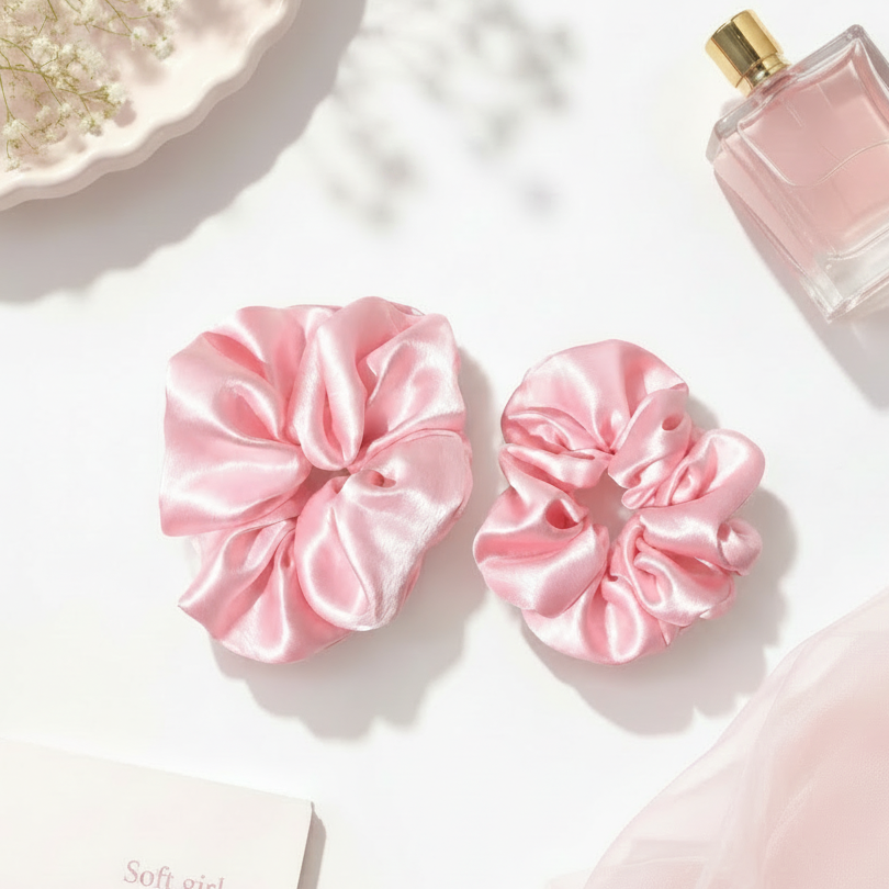 Premium Pink Satin Scrunchies Set Of 2