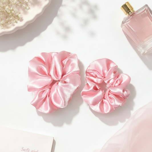 Premium Pink Satin Scrunchies Set Of 2