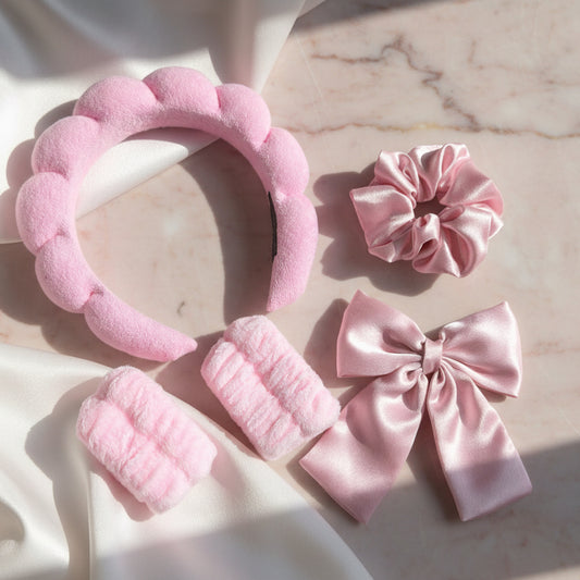 Pink Soft Girl Self-Care Bundle – Spa Headband, Satin Scrunchie, Hair Bow & Wrist Bands